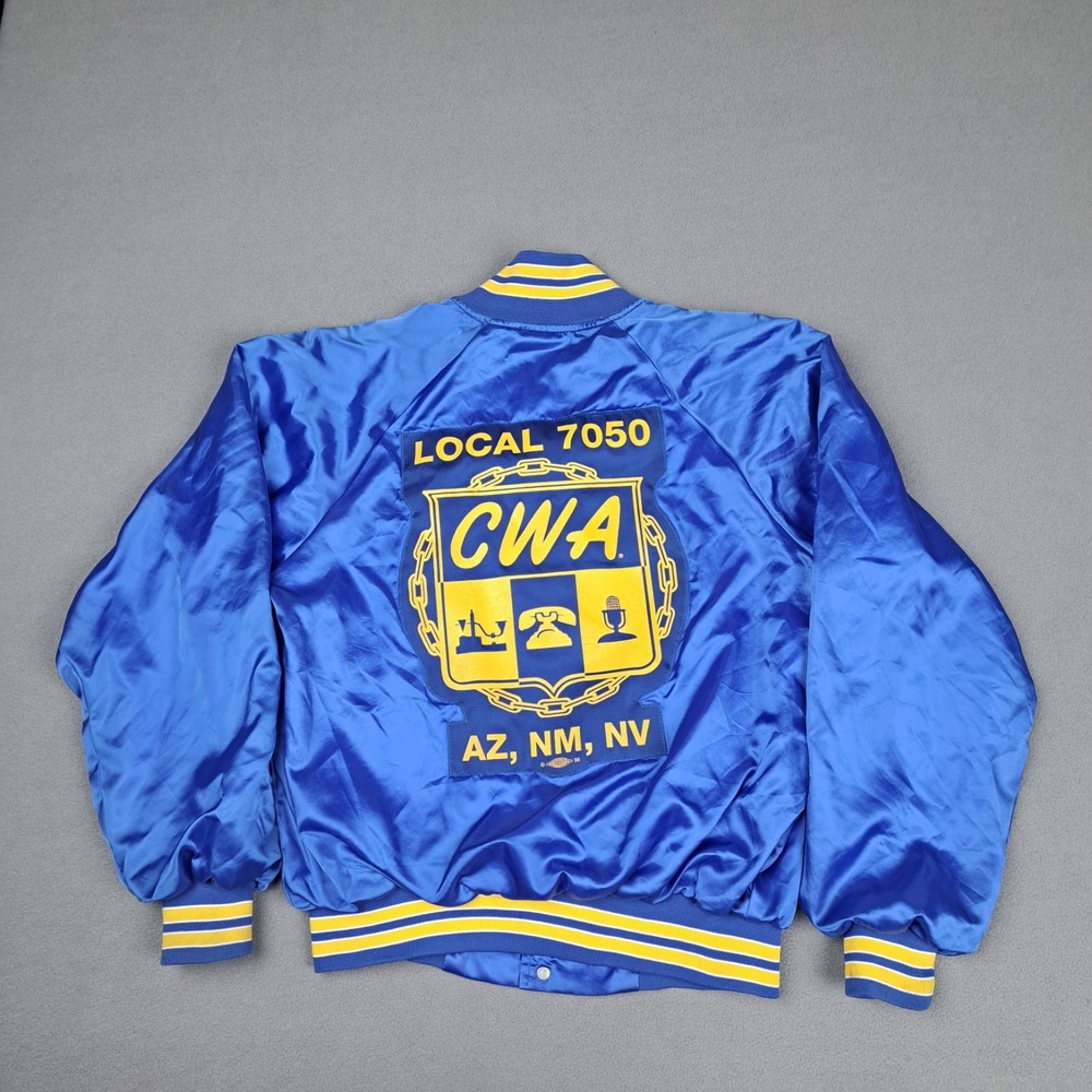 Vintage CWA Satin Bomber Jacket Men Large Blue Communication Workers America 80s